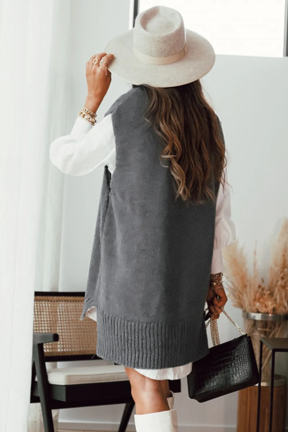 Ladies Plain Knitted Long Pullover Sweater Vest