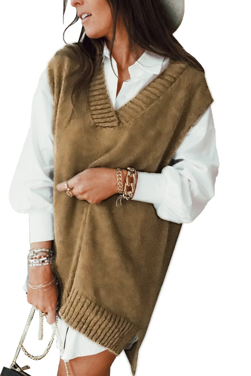 Ladies Plain Knitted Long Pullover Sweater Vest