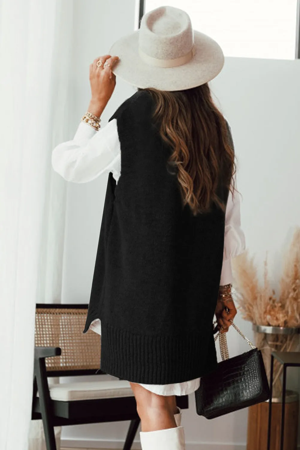 Ladies Plain Knitted Long Pullover Sweater Vest