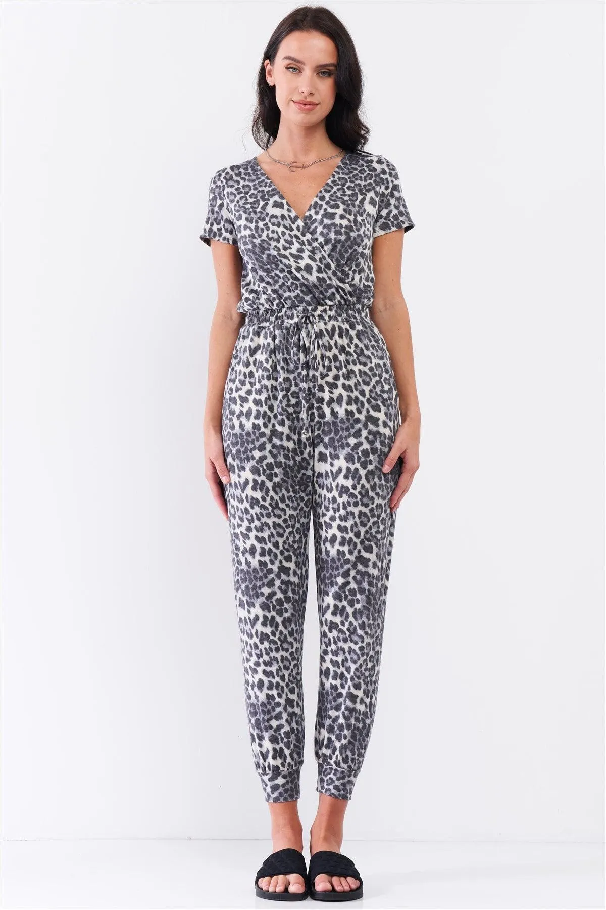 Leopard Print Wrap V-Neck Relaxed Fit Jumpsuit