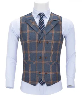 Light Navy Plaid Peak Lapel Waistcoat Casual Slim Fit Suit Vest