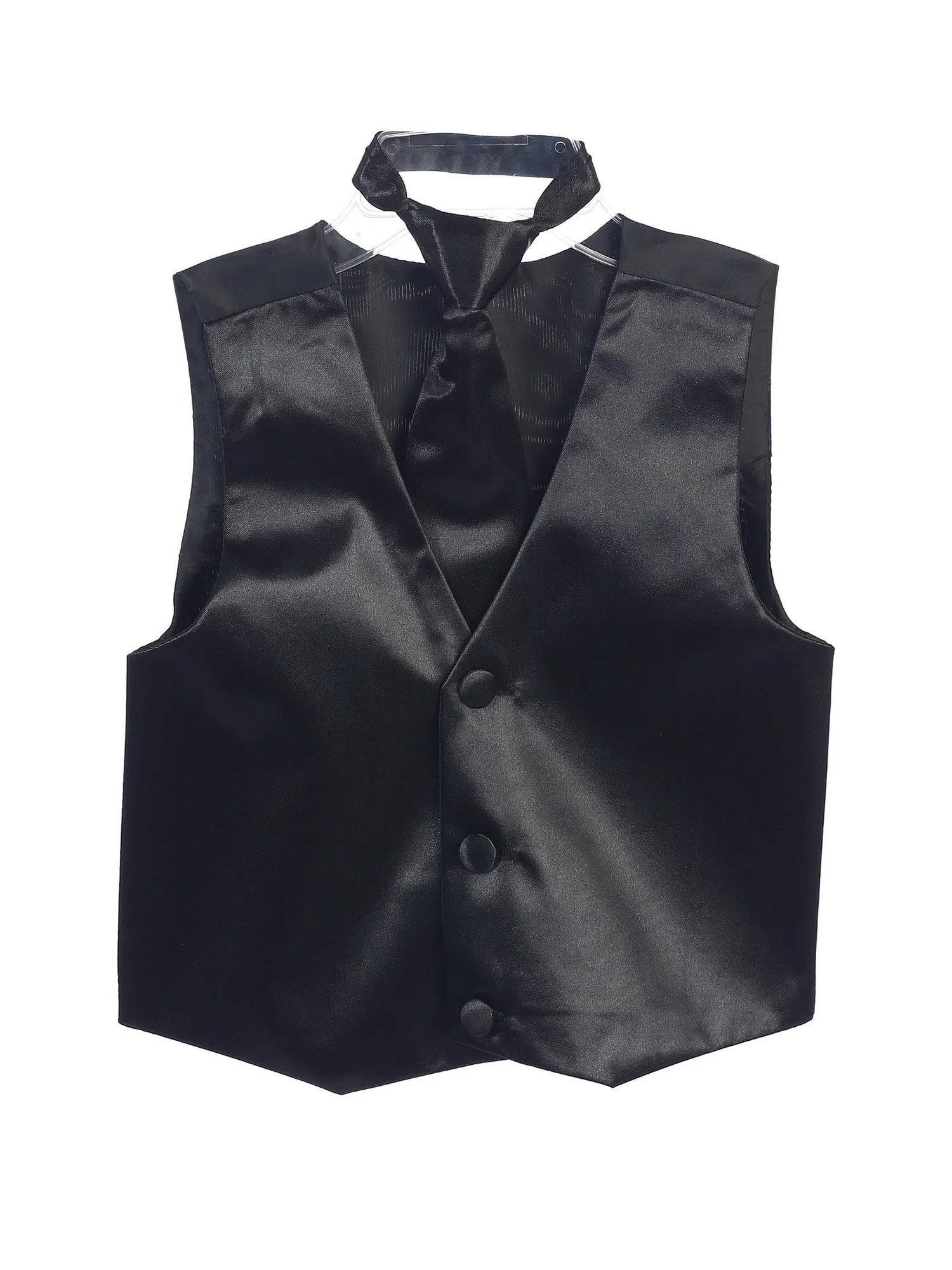 Little Boys Black Three Button Satin Vest Tie 2 Pc Set 2-6