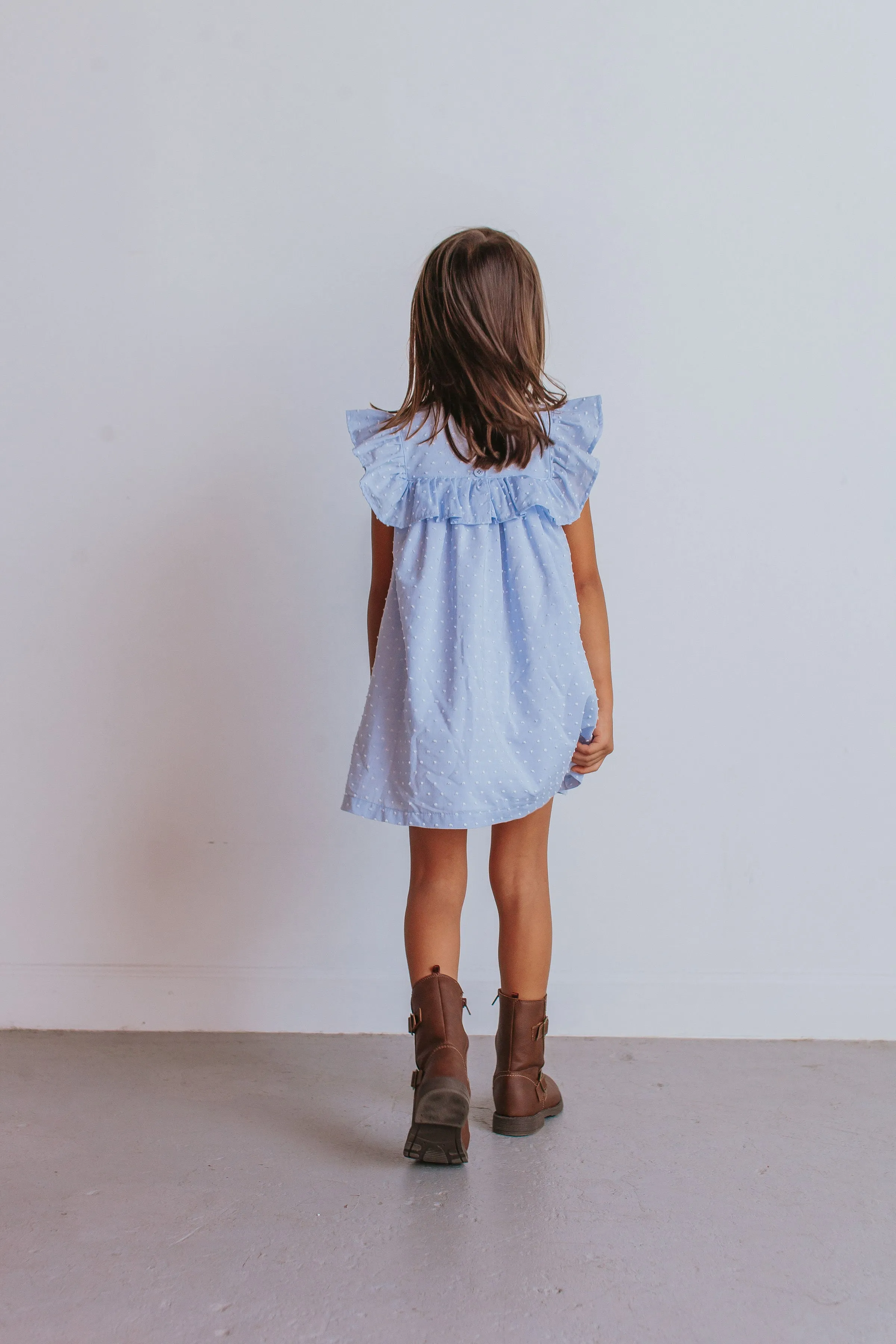 Little Girl's Blue Swiss Dot Cotton Ruffle Collar Dress