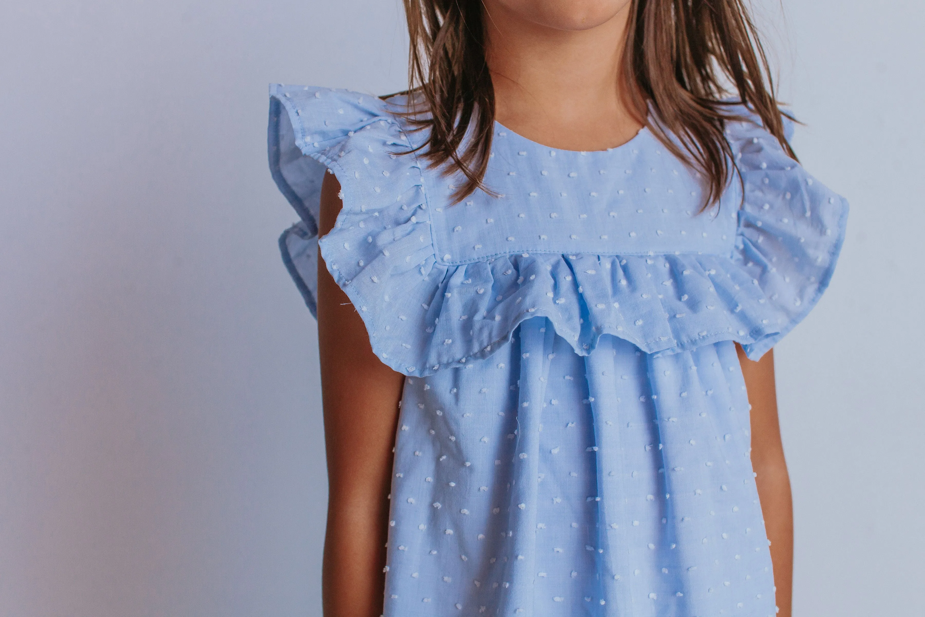 Little Girl's Blue Swiss Dot Cotton Ruffle Collar Dress