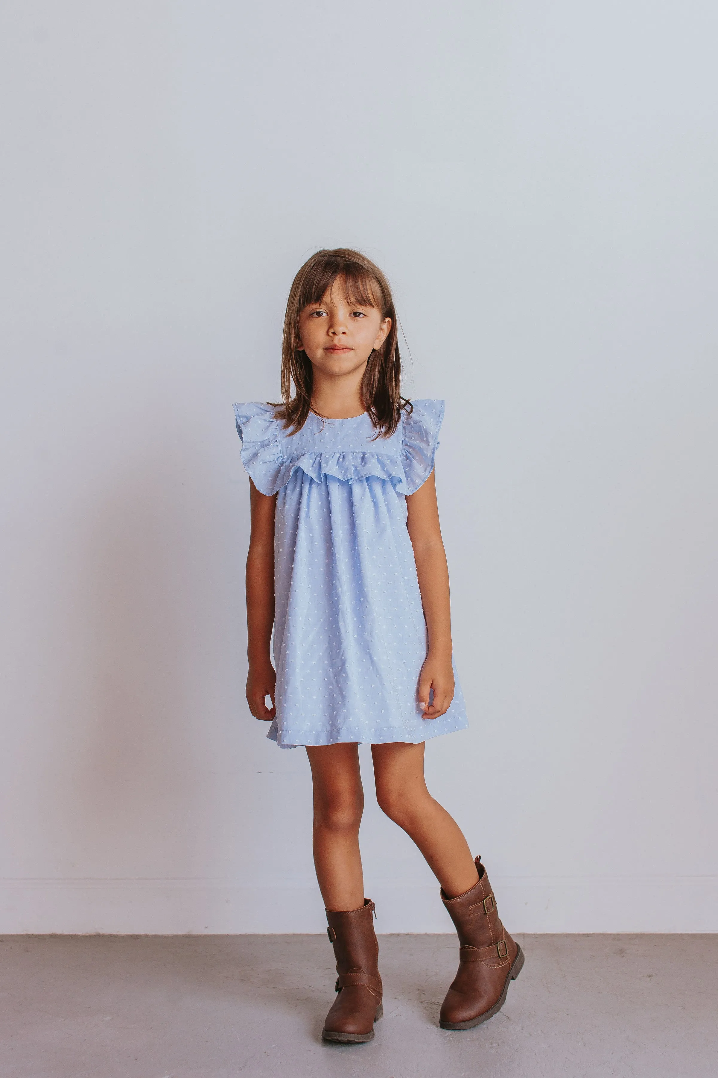 Little Girl's Blue Swiss Dot Cotton Ruffle Collar Dress