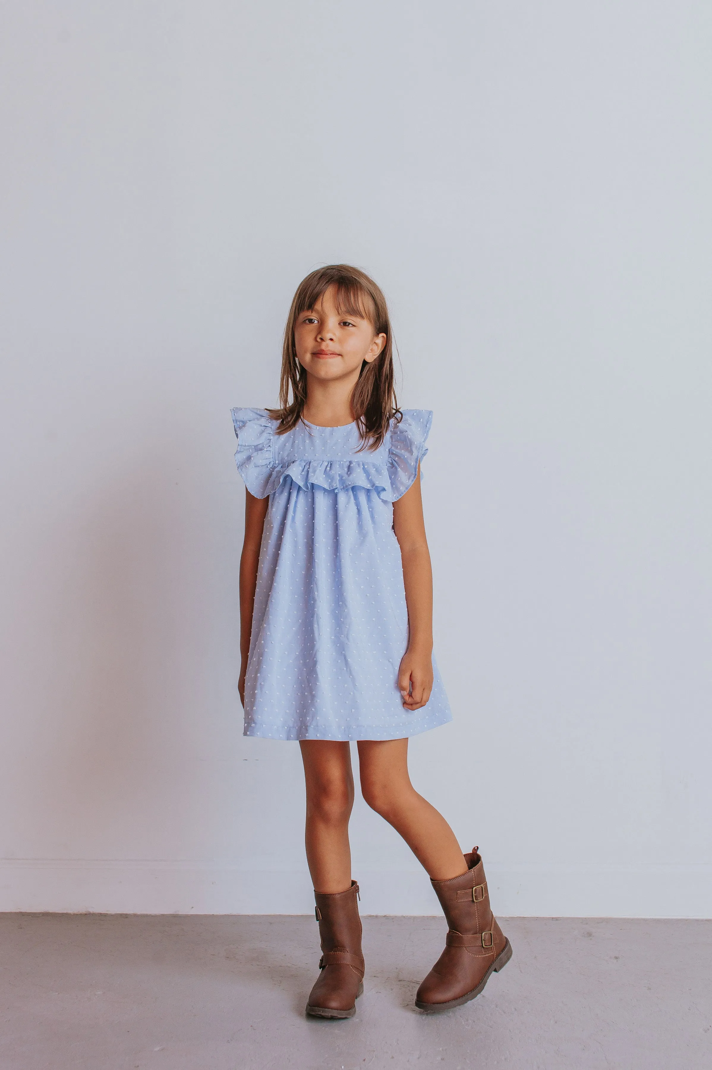 Little Girl's Blue Swiss Dot Cotton Ruffle Collar Dress