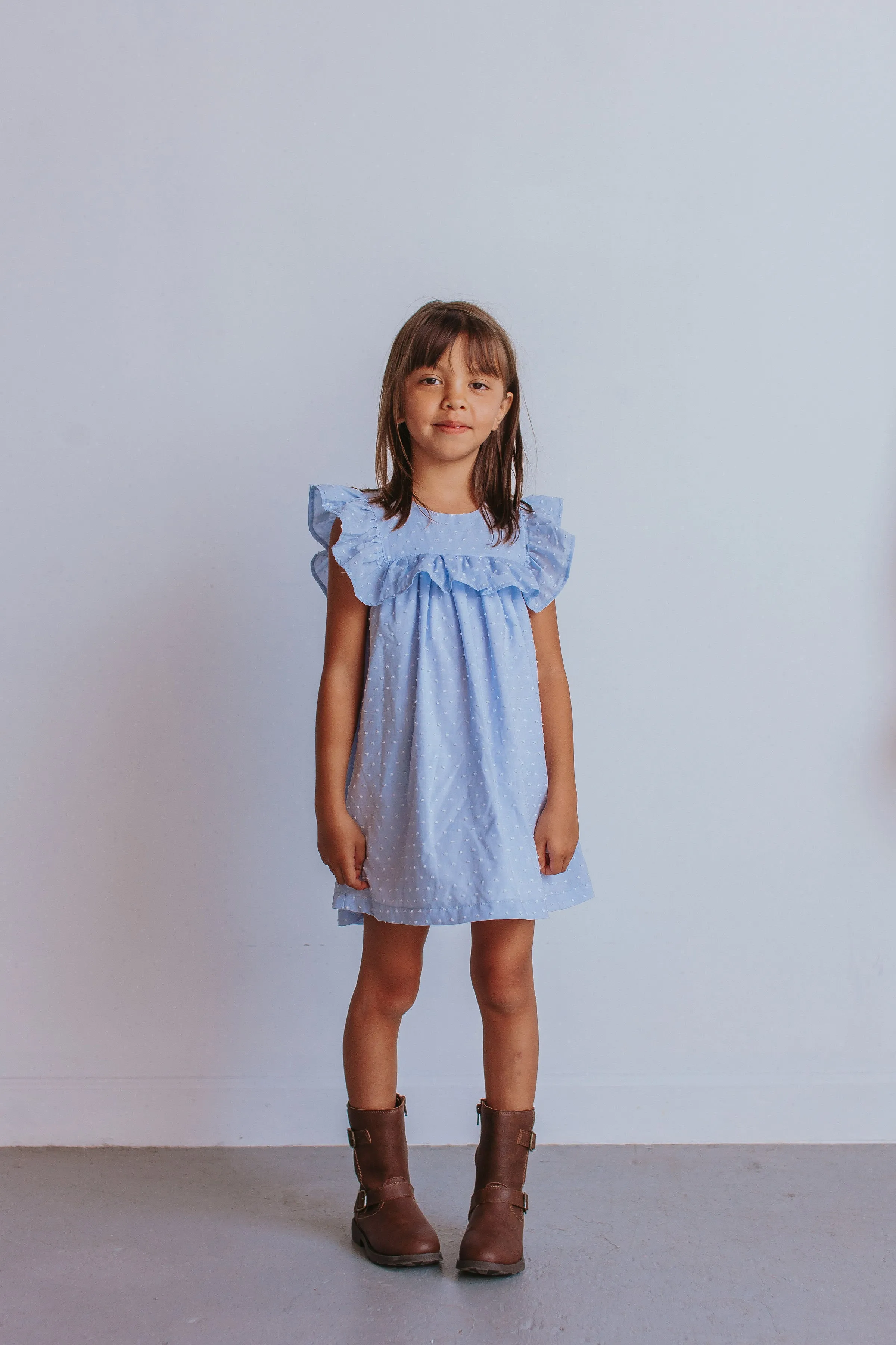 Little Girl's Blue Swiss Dot Cotton Ruffle Collar Dress