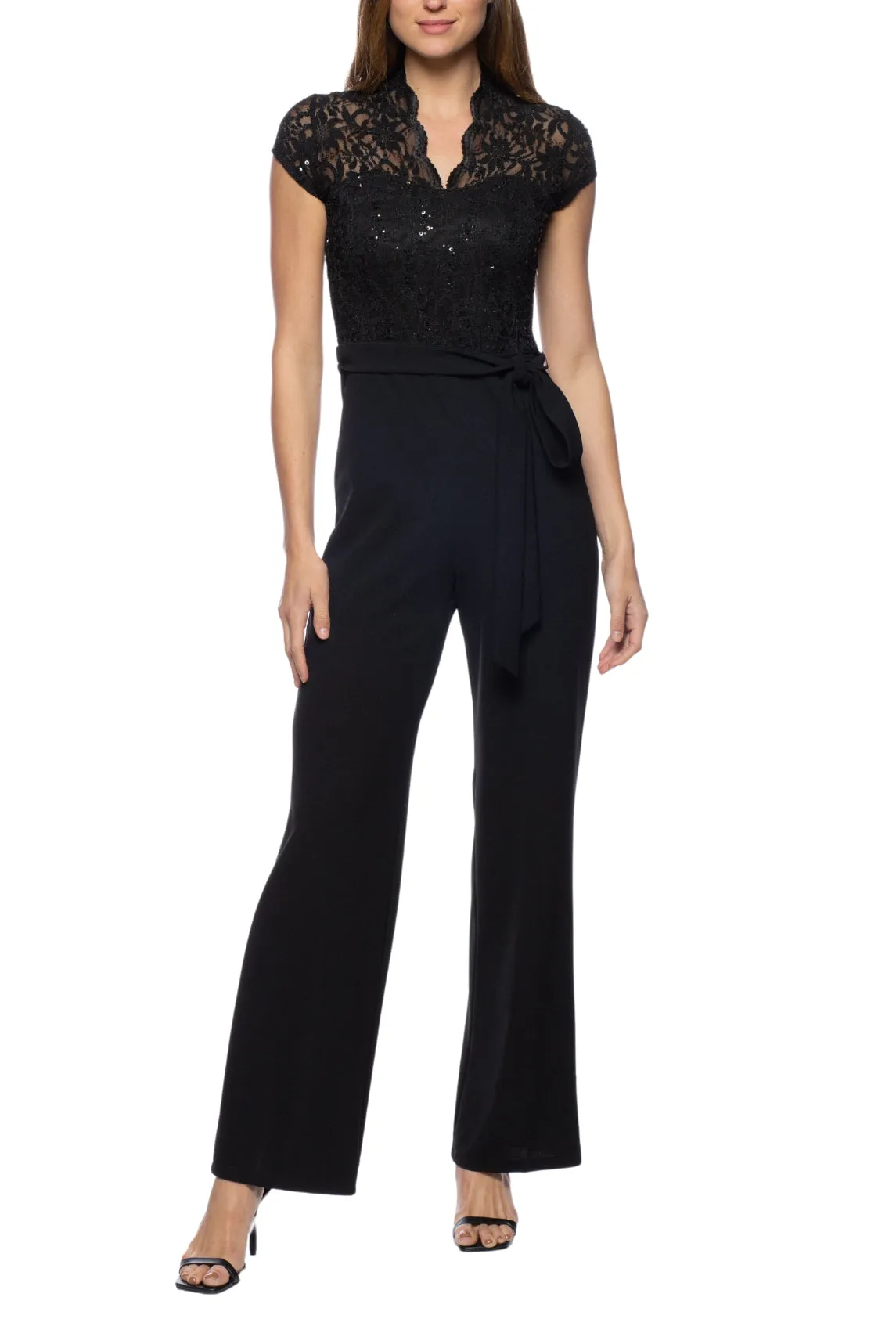 Marina Cap Sleeve V-Neck Tie Waist Lace Bodice Jumpsuit - Elegant Women's Fashion