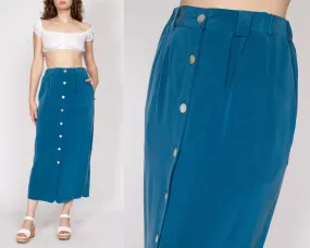 Medium 90s Blue Silk Abalone Button Maxi Skirt