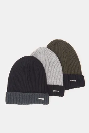 Men Multicolour Solid Knitted Cap Set (Pack Of 3)