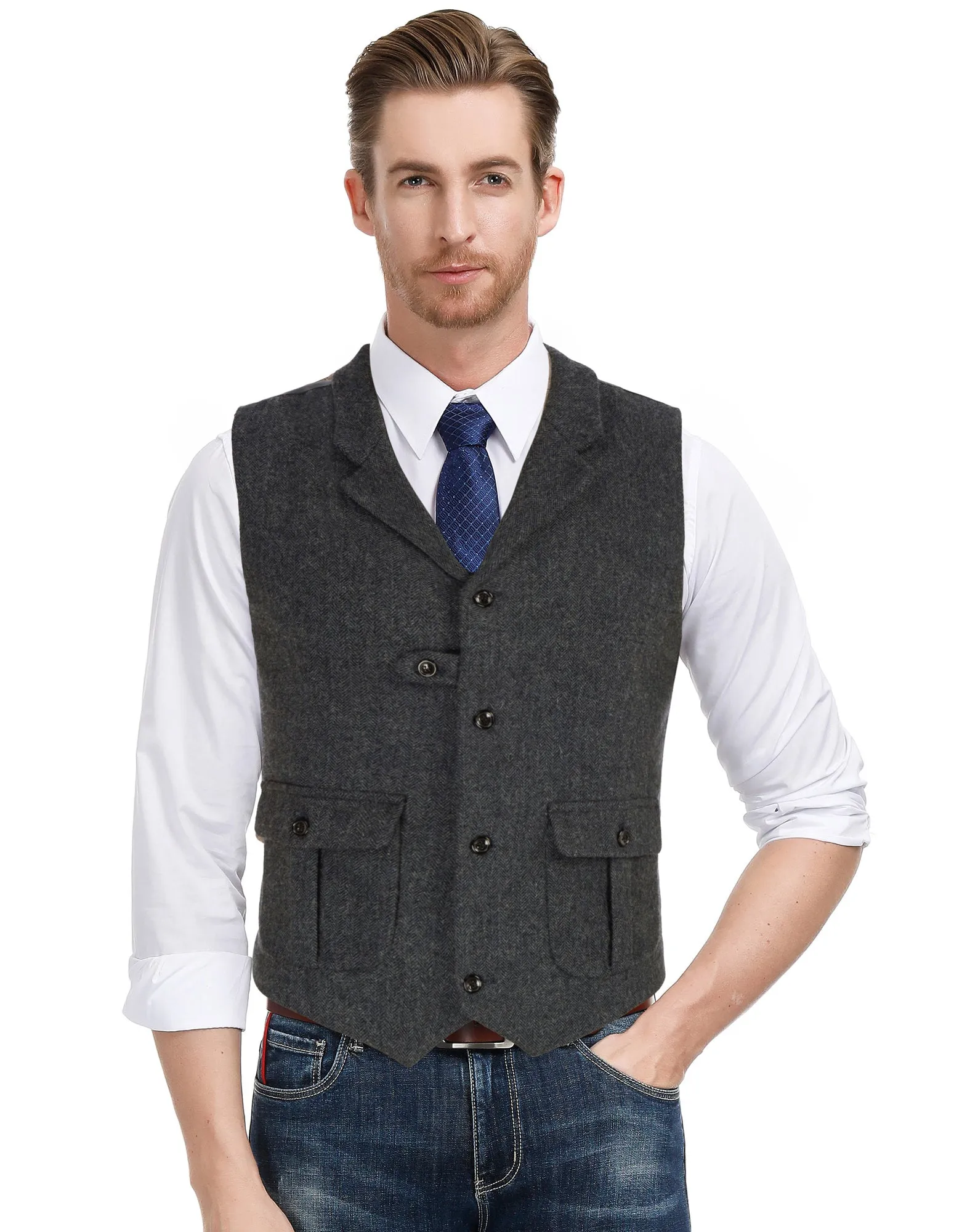 Men Notch Lapel Vest Coat Single Breasted Handkerchief Hem Cut-off Vest