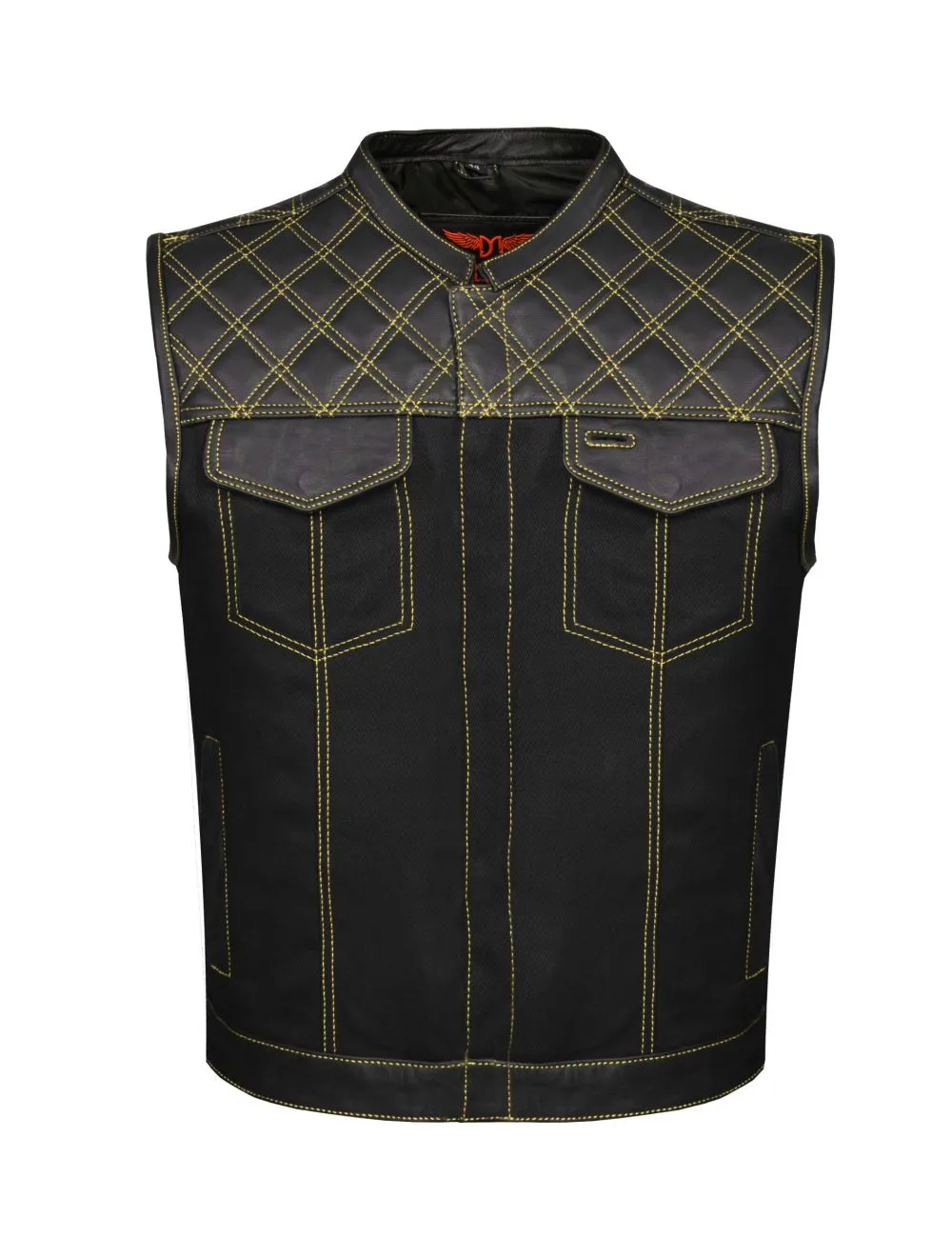 Men's Black Club Diamond Design Vest With Yellow Thread Accent