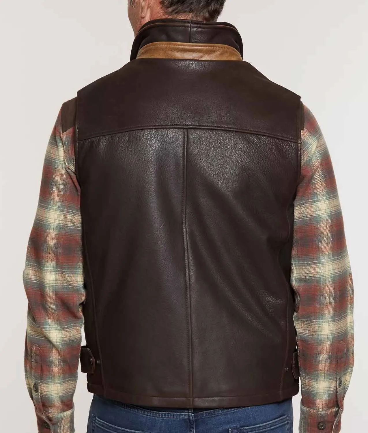 Men's Dark Brown Leather Vest with Removable Shearling Collar