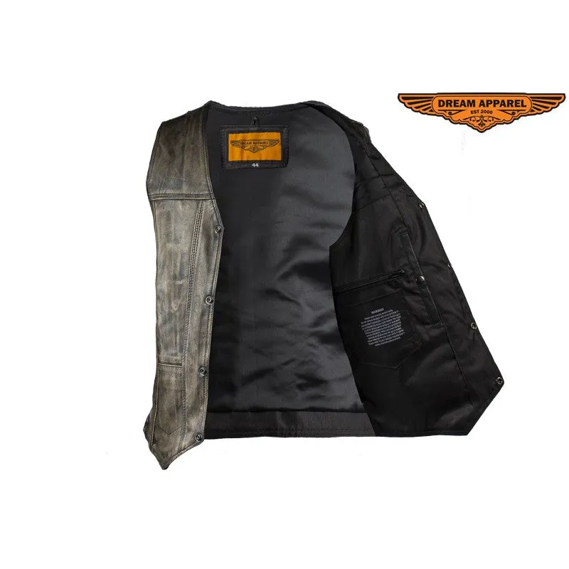 Men's Distressed Brown Motorcycle Vest With 10 Pockets