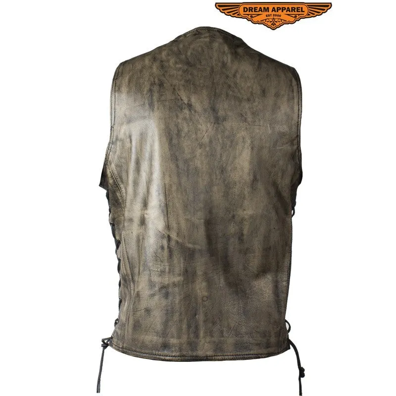 Men's Distressed Brown Motorcycle Vest With 10 Pockets