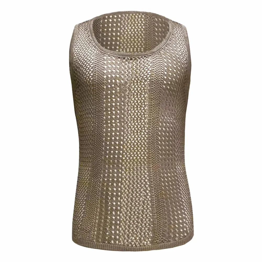 Mens Genderless Solid Color Hollow Out Knitted Tank Top