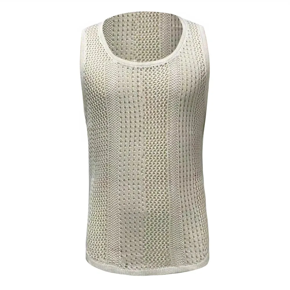 Mens Genderless Solid Color Hollow Out Knitted Tank Top