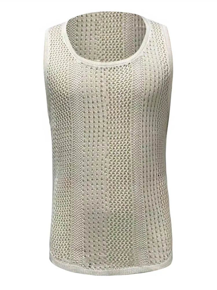 Mens Genderless Solid Color Hollow Out Knitted Tank Top