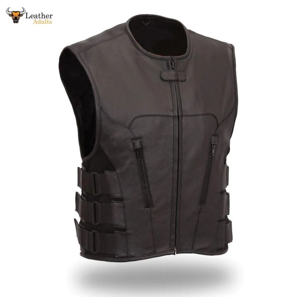 Men's Genuine Leather SWAT Vest Gay BLUF Bikers SWAT Waistcoat