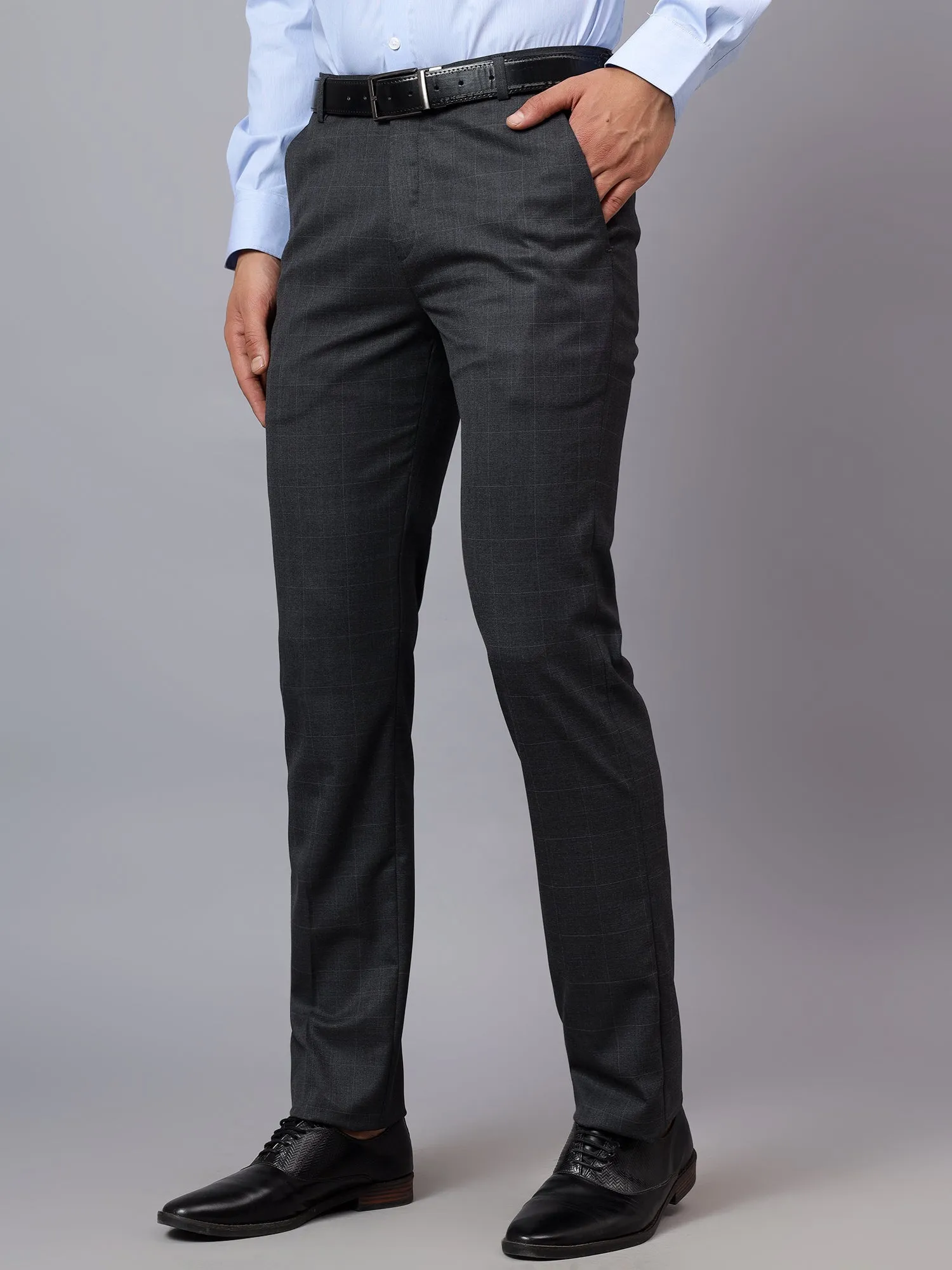 Men's Grey Checkered Non-Pleated Formal Trouser