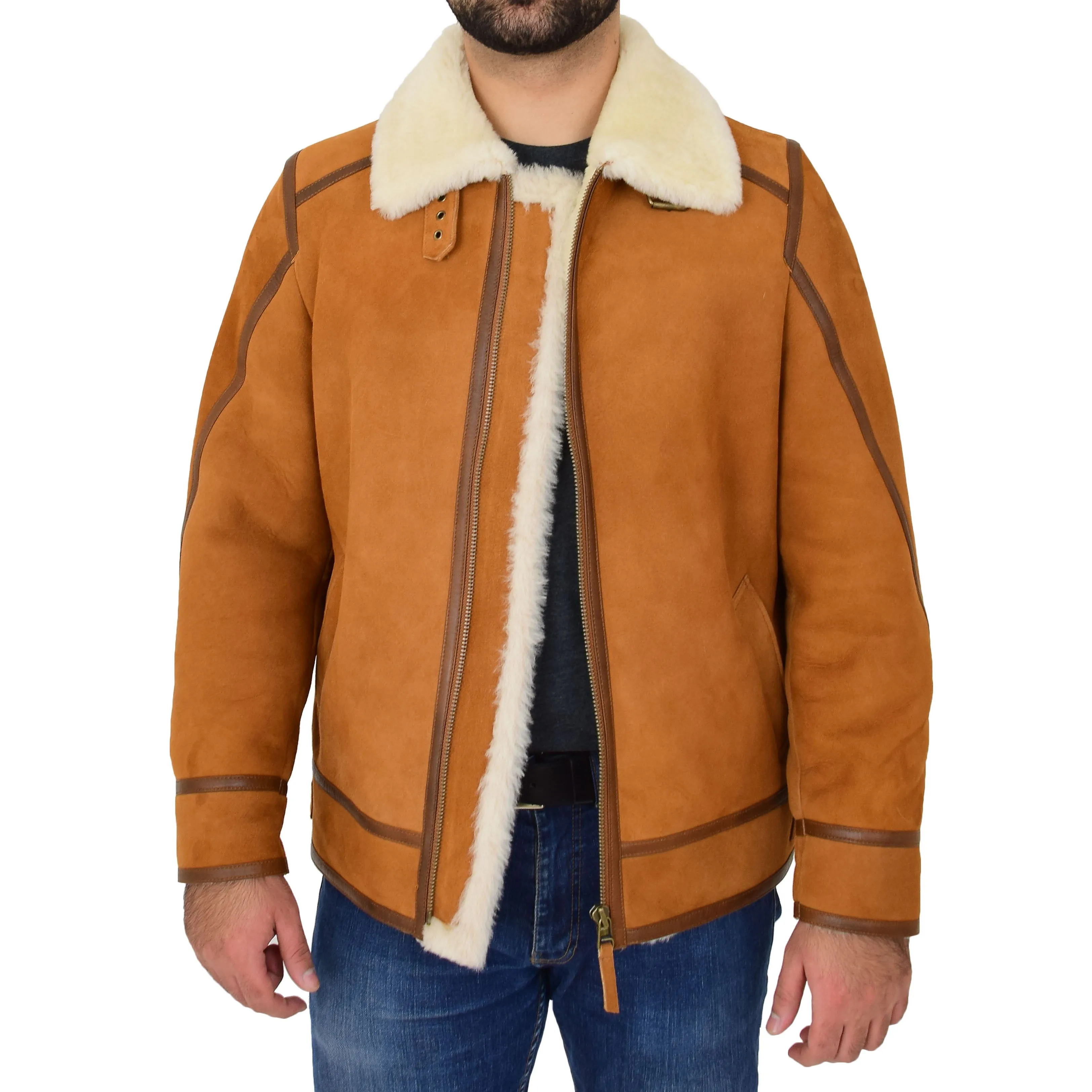 Mens Real Sheepskin Flying Jacket Top Gun Shearling Karl Cognac