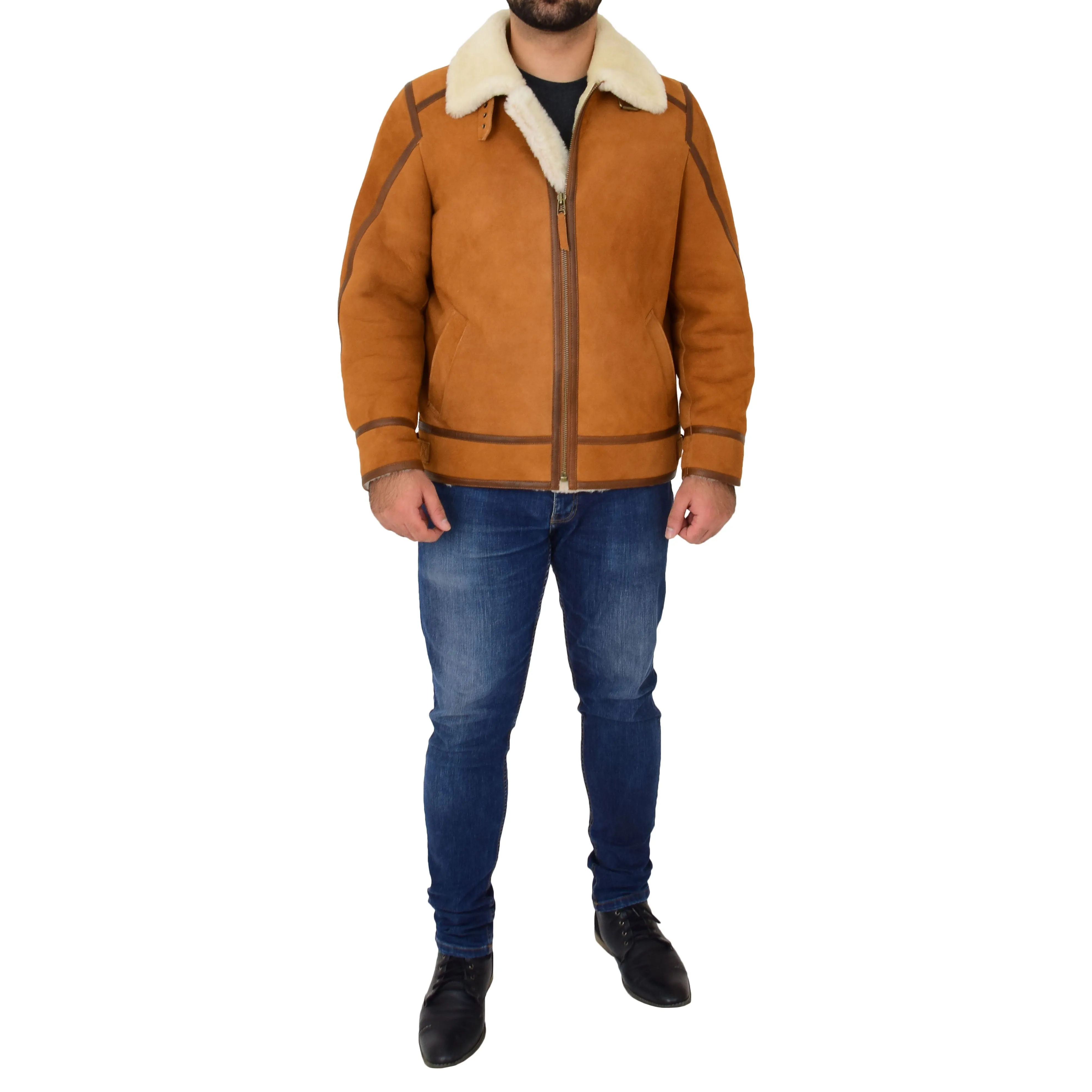 Mens Real Sheepskin Flying Jacket Top Gun Shearling Karl Cognac