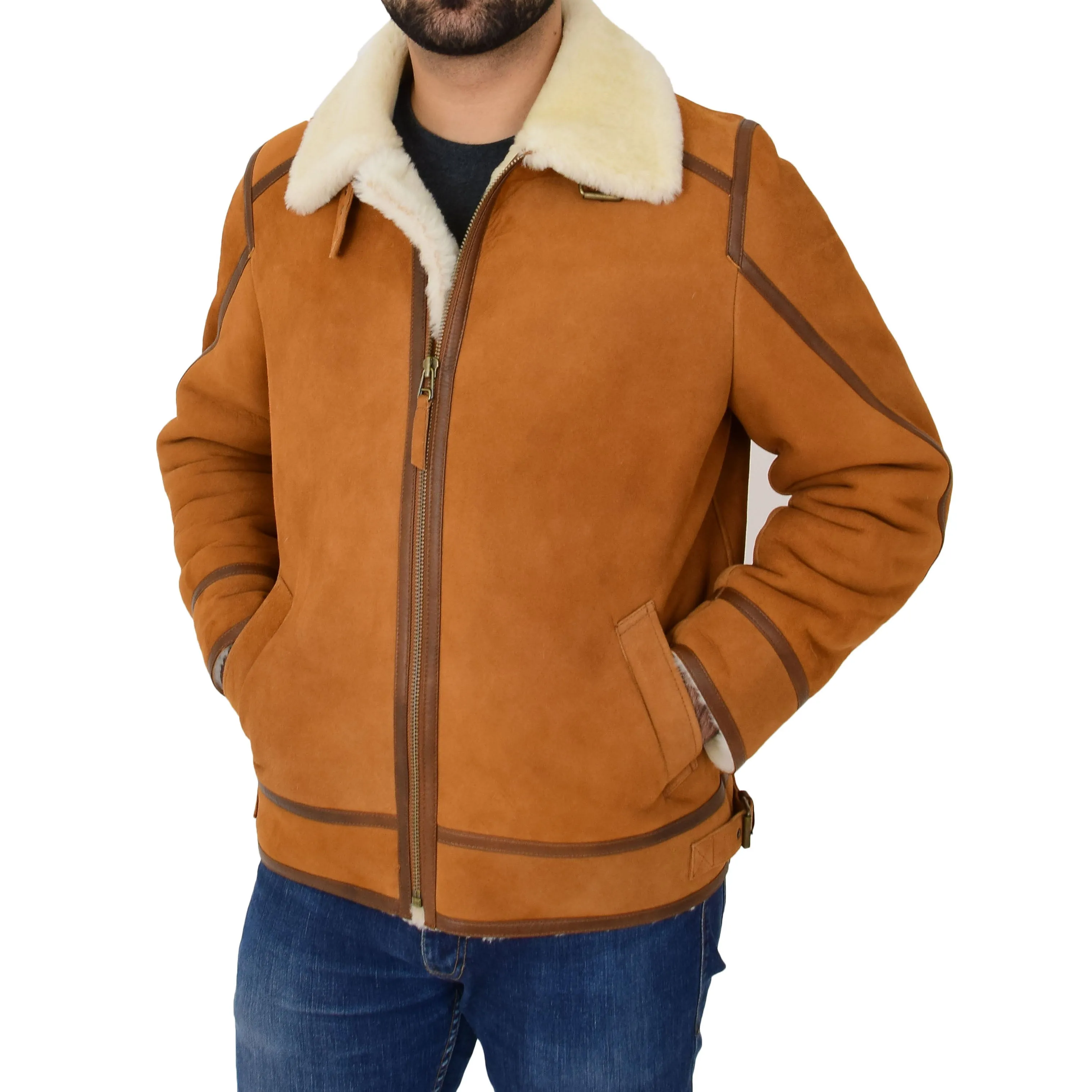 Mens Real Sheepskin Flying Jacket Top Gun Shearling Karl Cognac