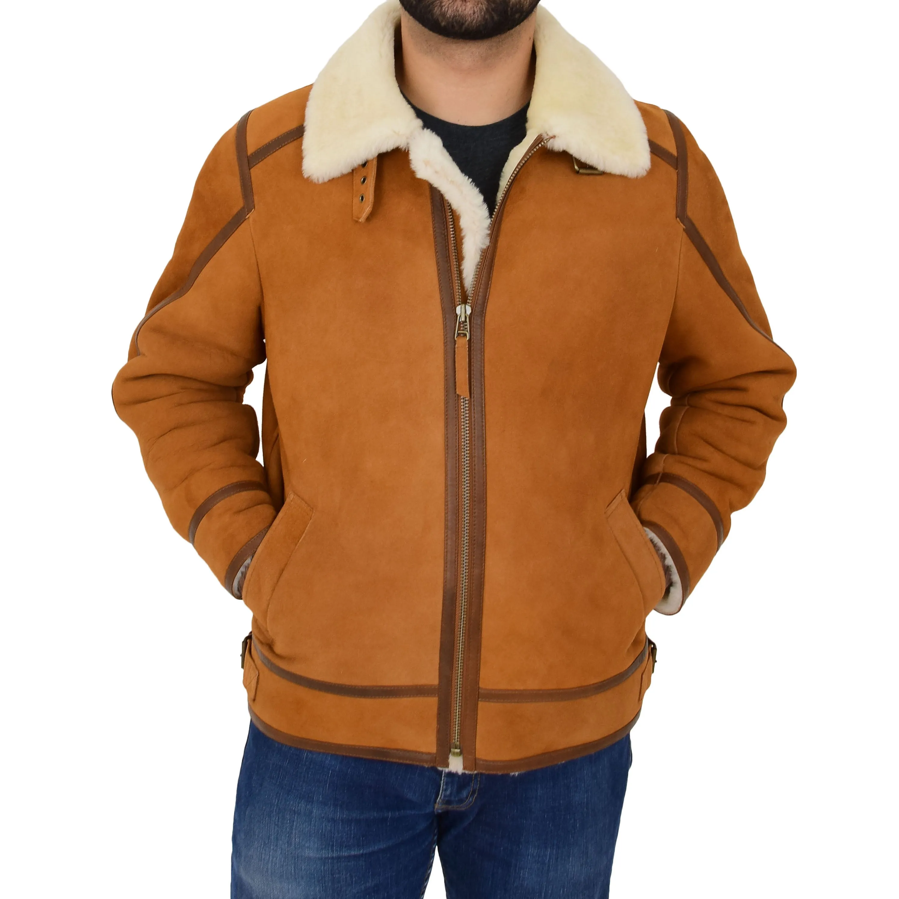 Mens Real Sheepskin Flying Jacket Top Gun Shearling Karl Cognac