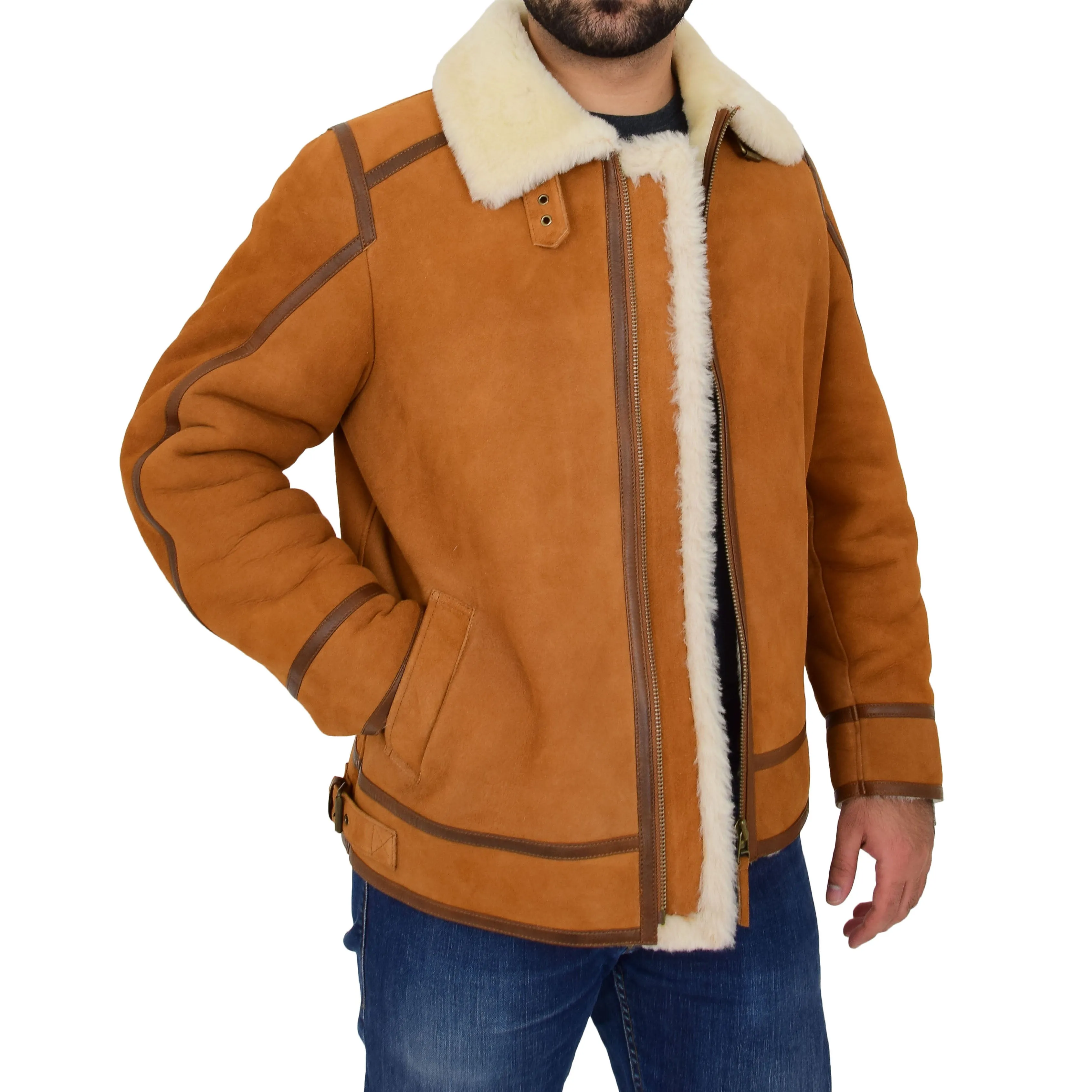 Mens Real Sheepskin Flying Jacket Top Gun Shearling Karl Cognac