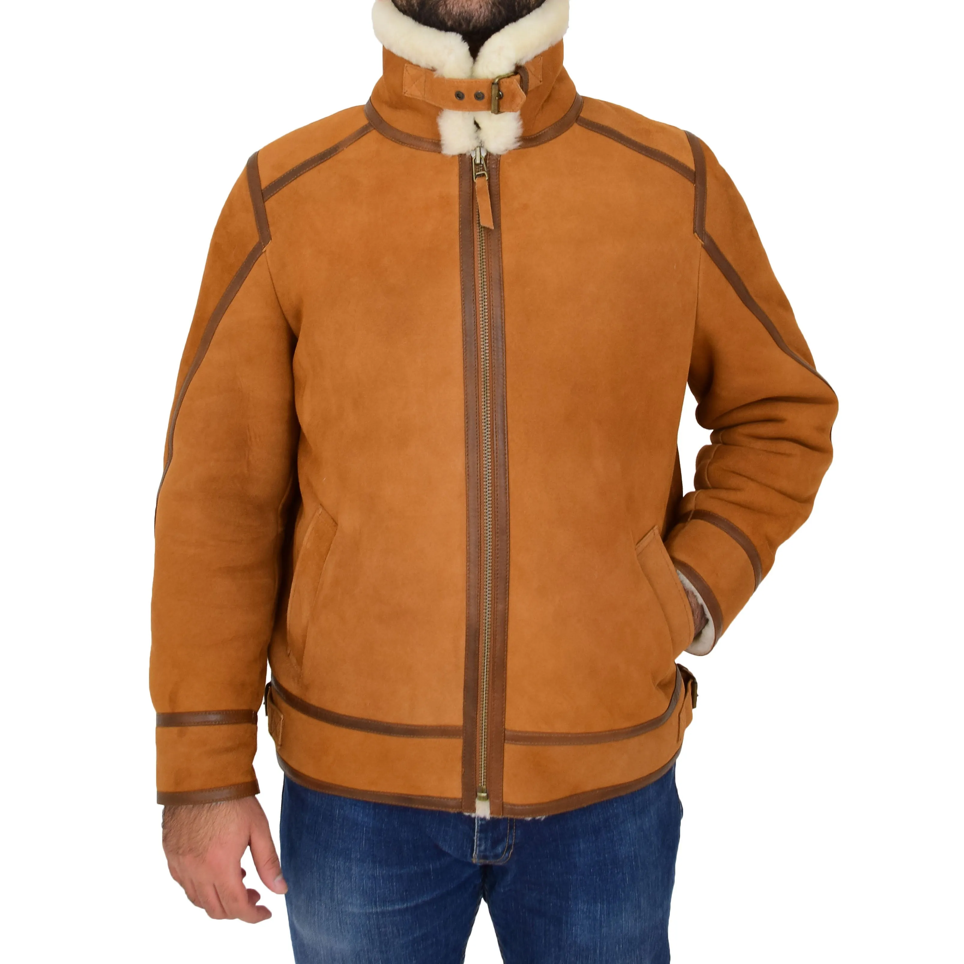 Mens Real Sheepskin Flying Jacket Top Gun Shearling Karl Cognac