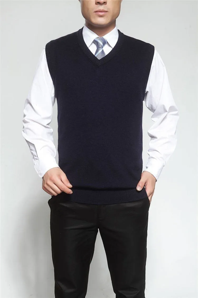 Men's Solid Color V-Neck Cashmere & Wool Classic Vest Sweater