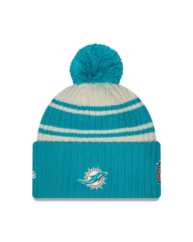 Miami Dolphins New Era 2022 Sideline - Sport Cuffed Pom Knit Hat - Cream/Black