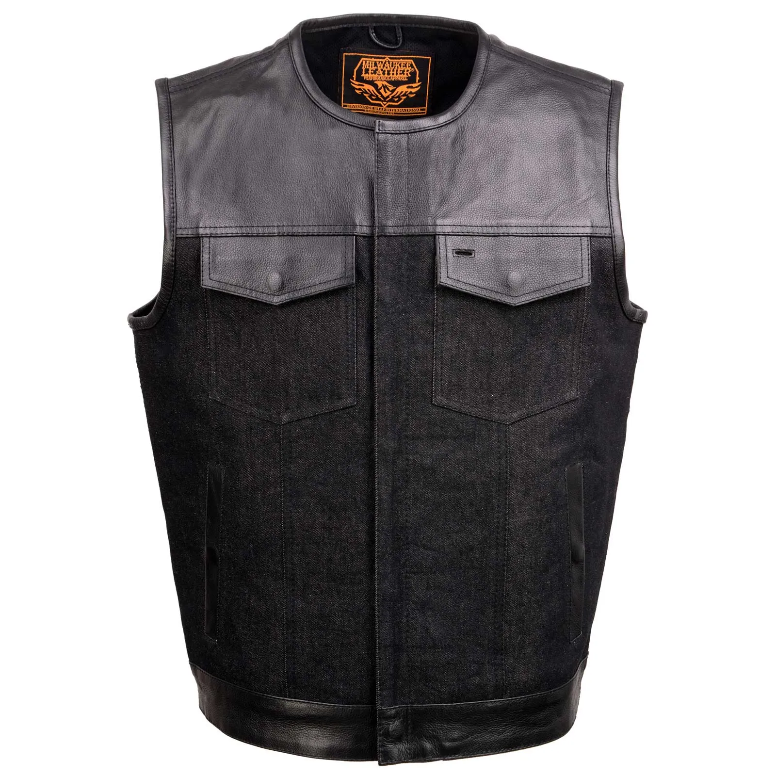 Milwaukee Leather MDM3003 Men's 'Brute' Concealed Snap Black Denim and Black Leather Club Style Vest w/ Hidden Zipper