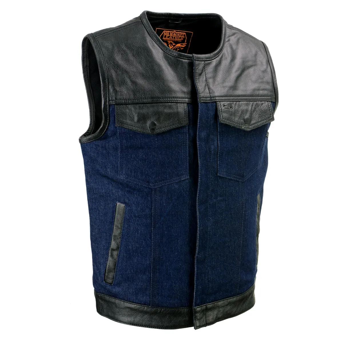 Milwaukee Leather Men's Brute Dual Closure Blue Denim and Black Leather Club Style Vest MDM3004