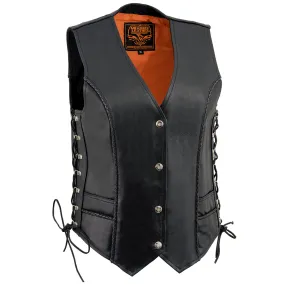 Milwaukee Leather ML2042 Women's Black Thin Braid Premium Leather Side Lace Motorcycle Rider Vest w/ Front Snap Closure