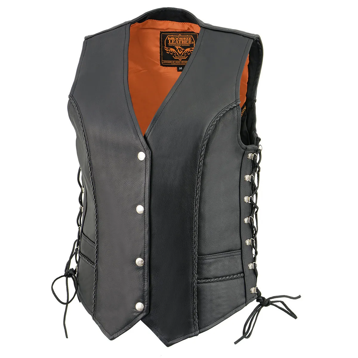 Milwaukee Leather ML2042 Women's Black Thin Braid Premium Leather Side Lace Motorcycle Rider Vest w/ Front Snap Closure