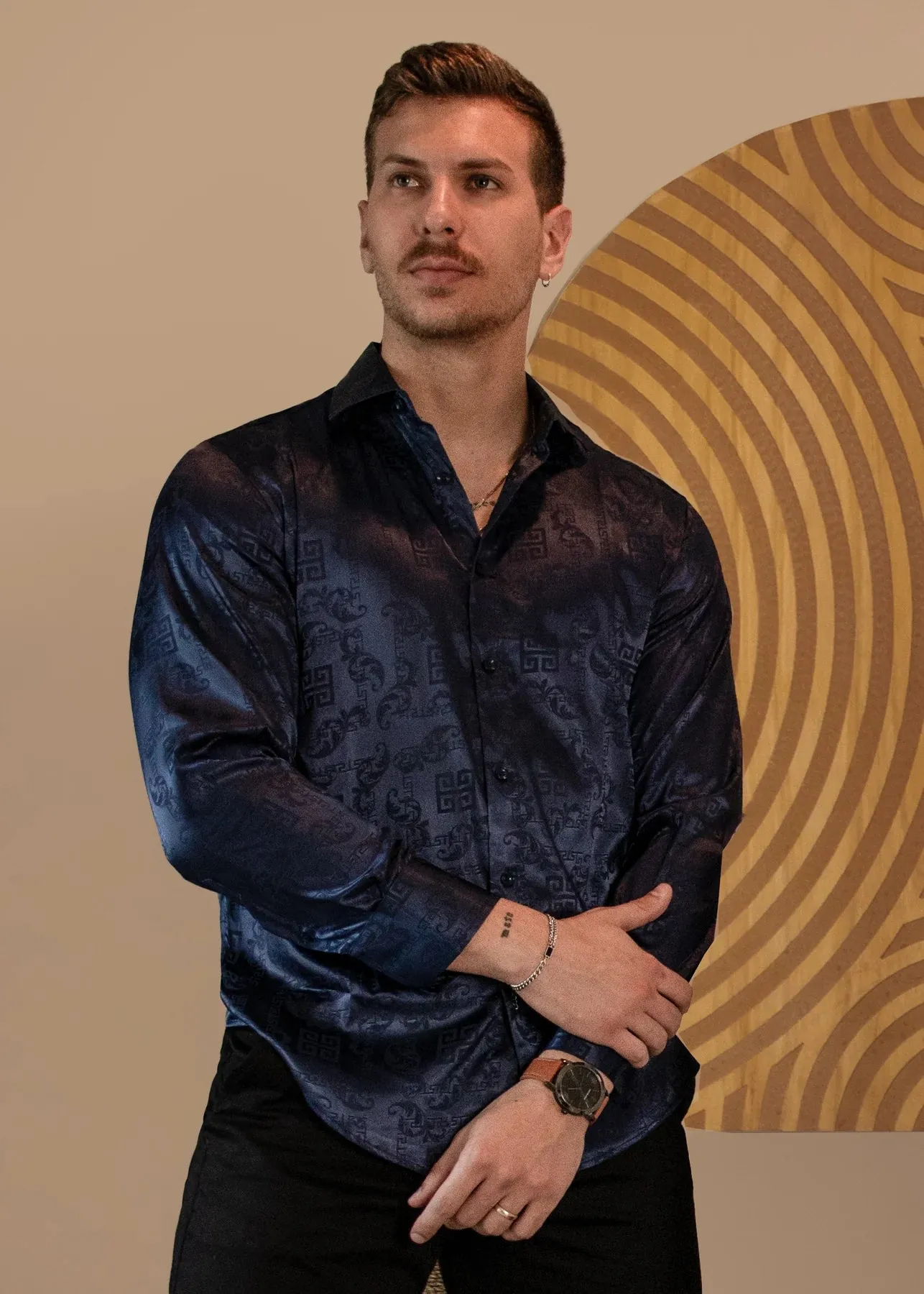 Navy Blue Men's Shinny Satin Shirt Greek Key Long Sleeves Style No-232272