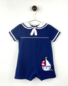 Navy Seersucker Sailboat Romper