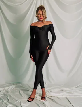 Off Shoulder Ruched Long Sleeve Jumpsuit Black