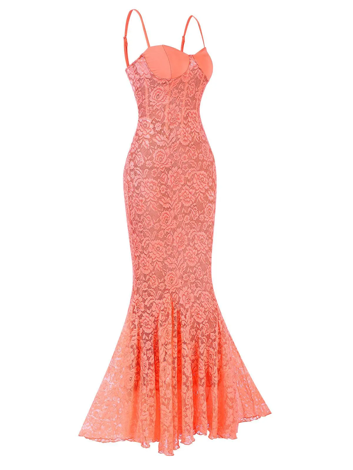 Orange 1930s Floral Lace Spaghetti Strap Mermaid Dress