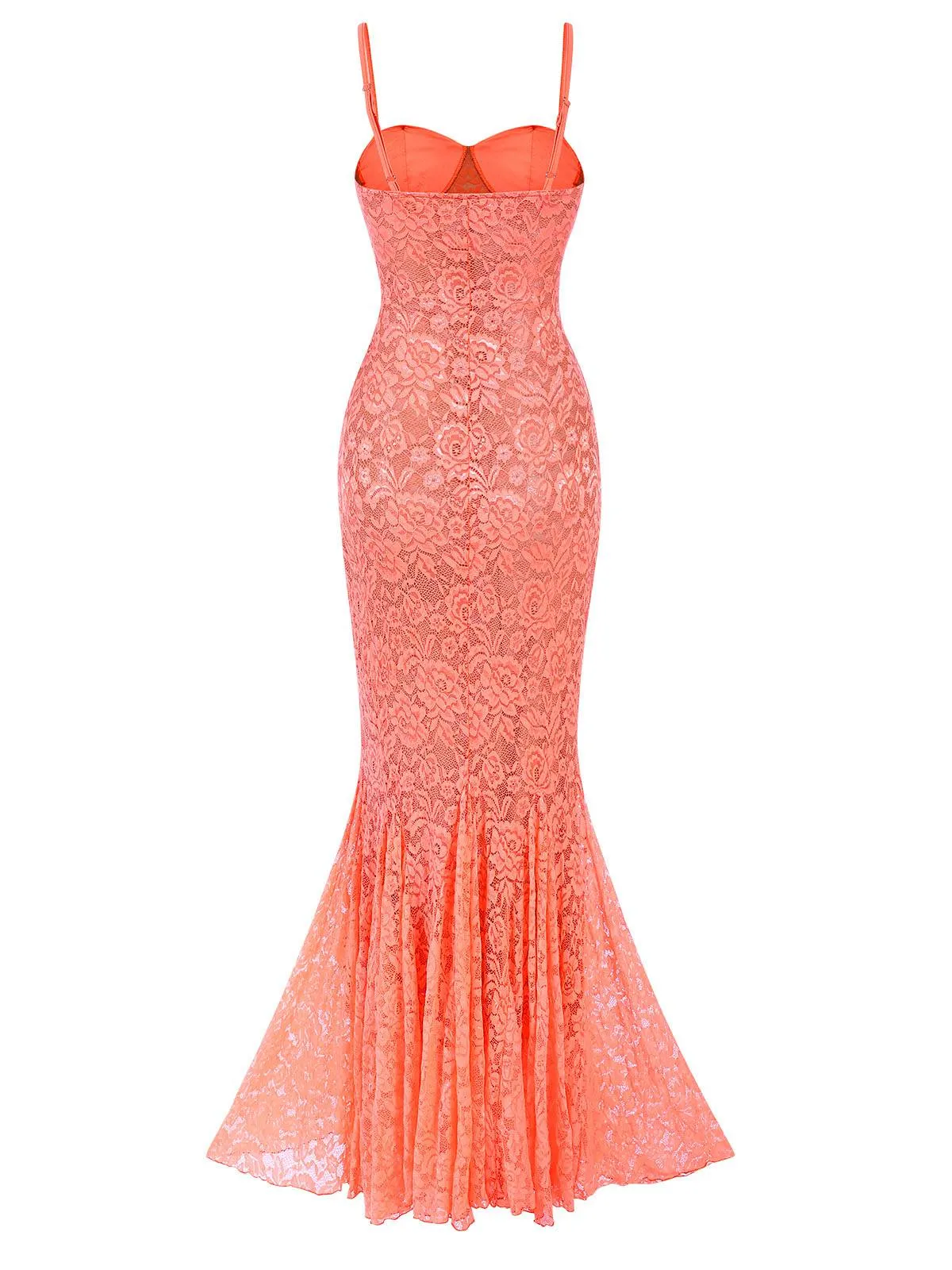 Orange 1930s Floral Lace Spaghetti Strap Mermaid Dress