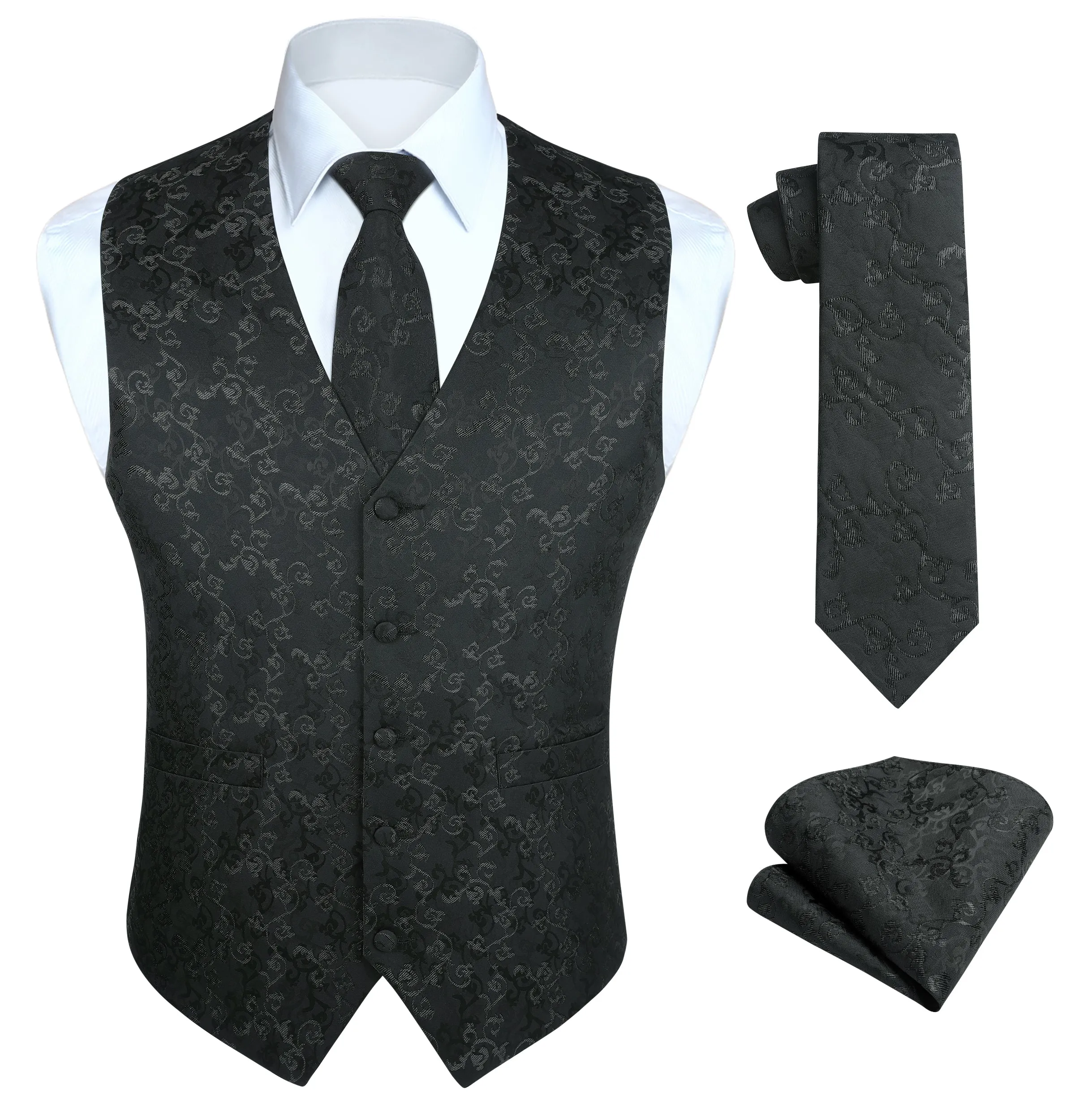 Paisley Floral 3pc Suit Vest Set - B-BLACK FLORAL JACQUARD