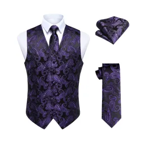 Paisley Suit Vest Tie Handkerchief Set - PURPLE & BLACK