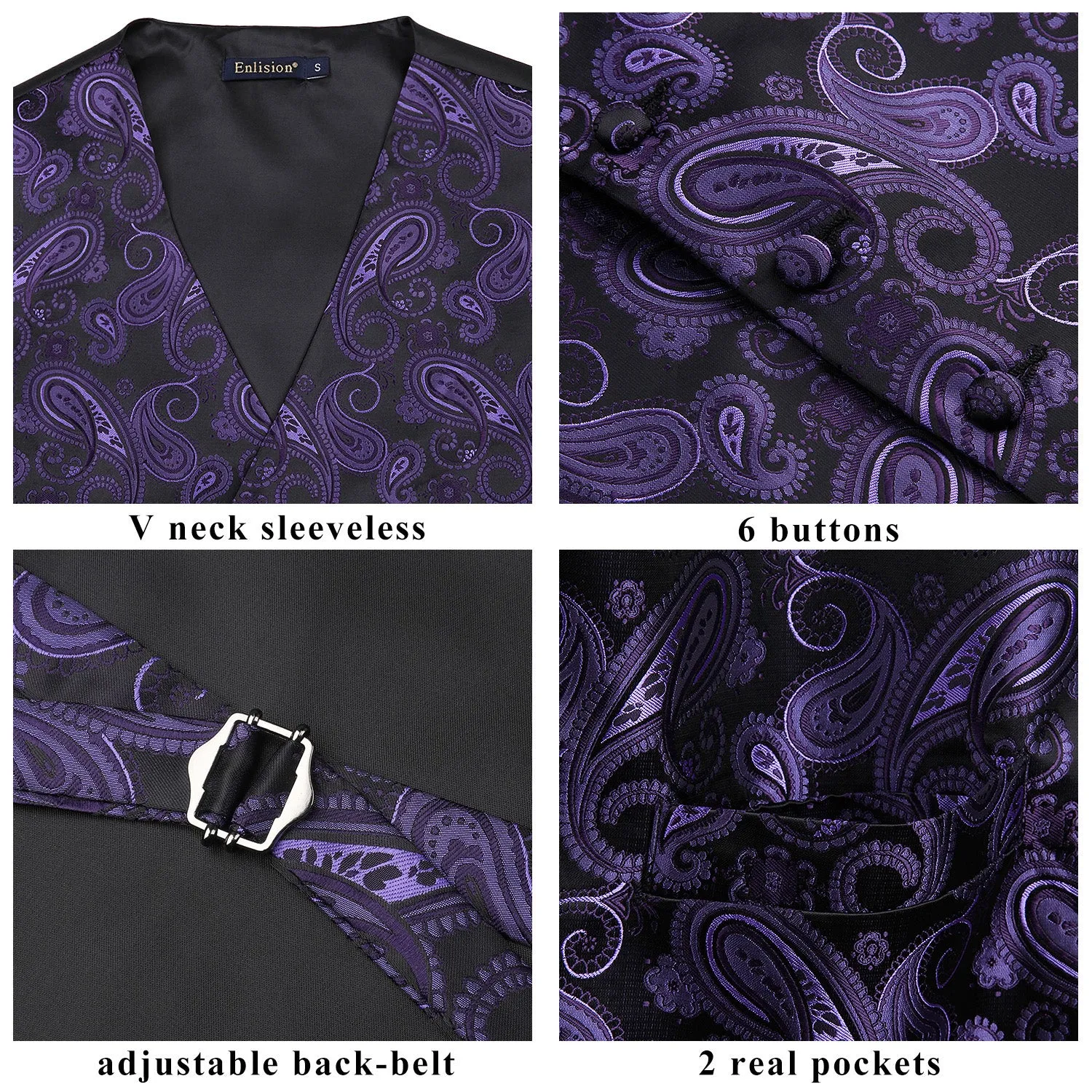 Paisley Suit Vest Tie Handkerchief Set - PURPLE & BLACK