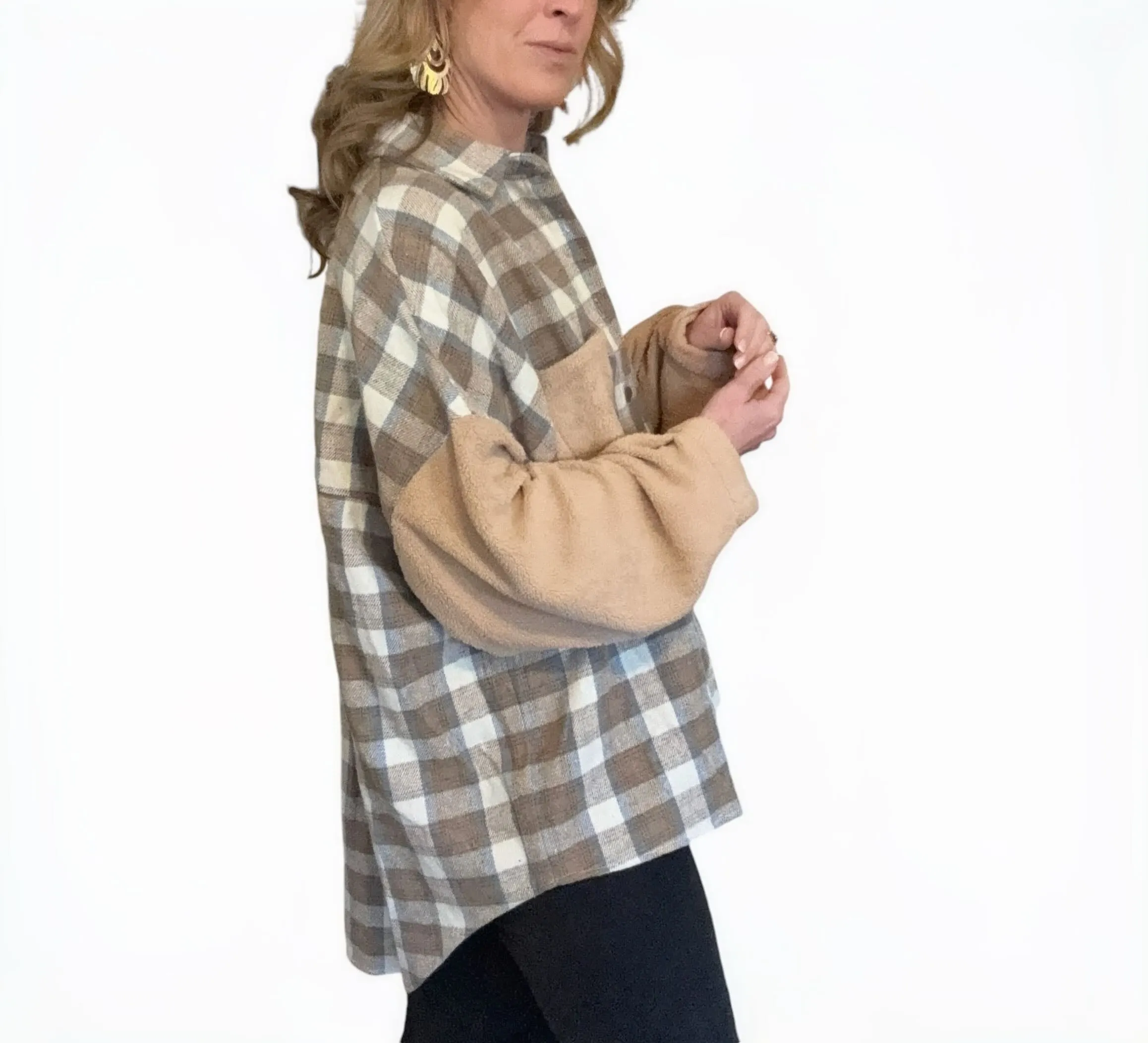 Peach Love | Women's Tan, Blue and Cream Plaid Button Front Shacket | Size: M