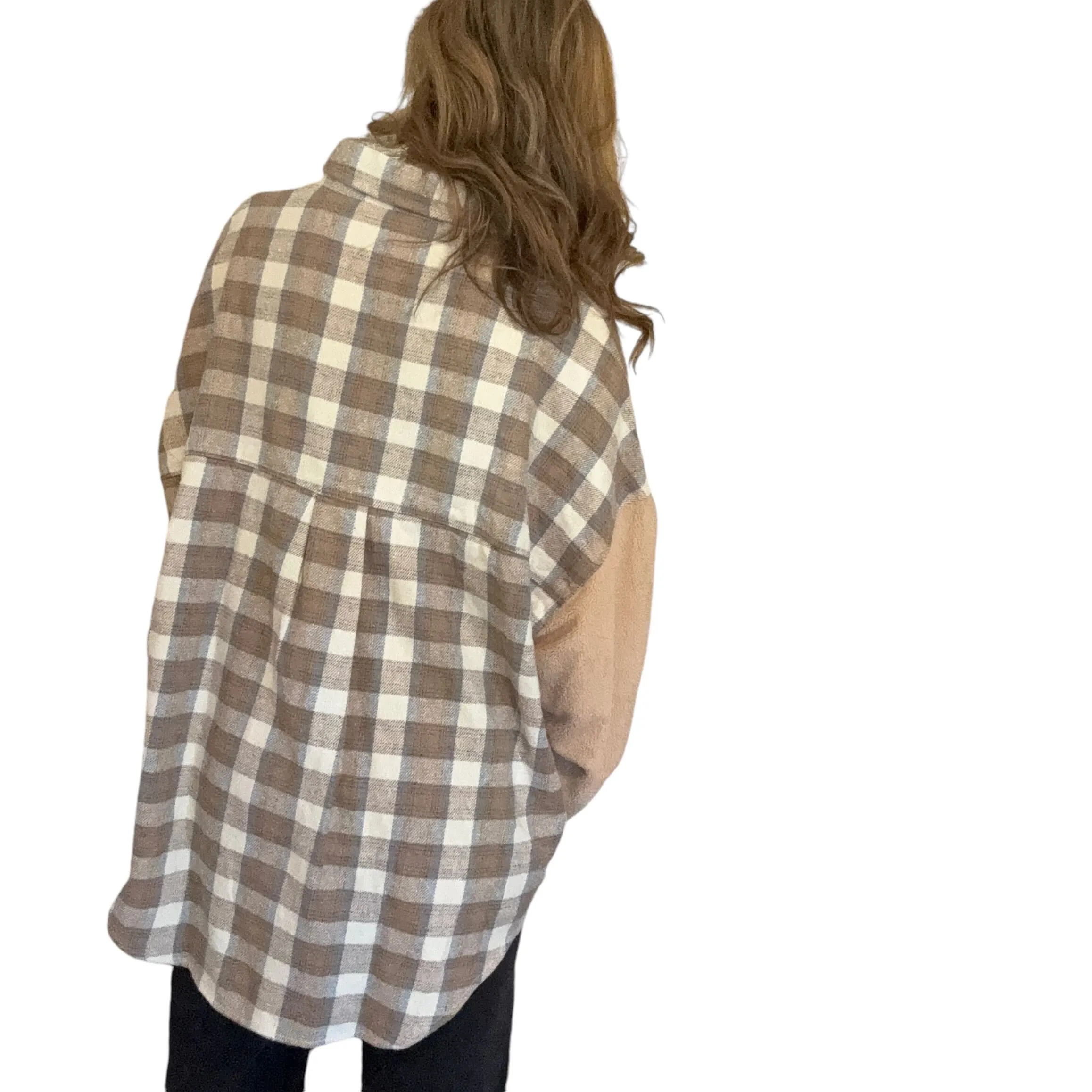 Peach Love | Women's Tan, Blue and Cream Plaid Button Front Shacket | Size: M