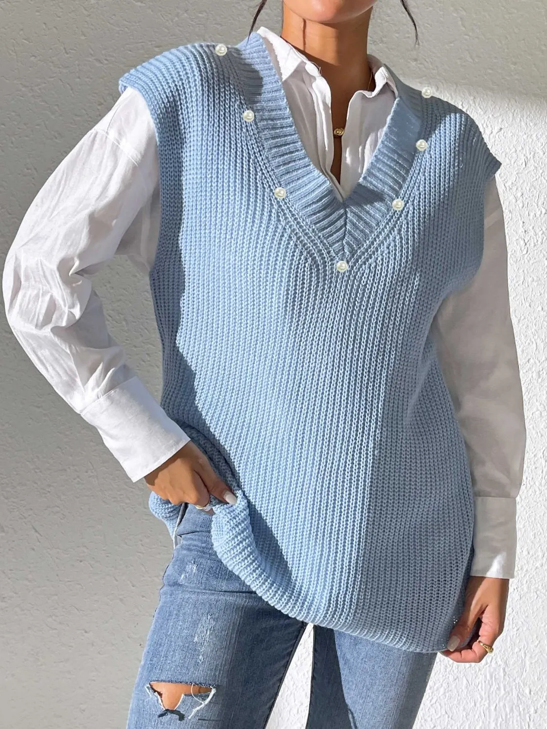 Pearl Trim V-Neck Sweater Vest