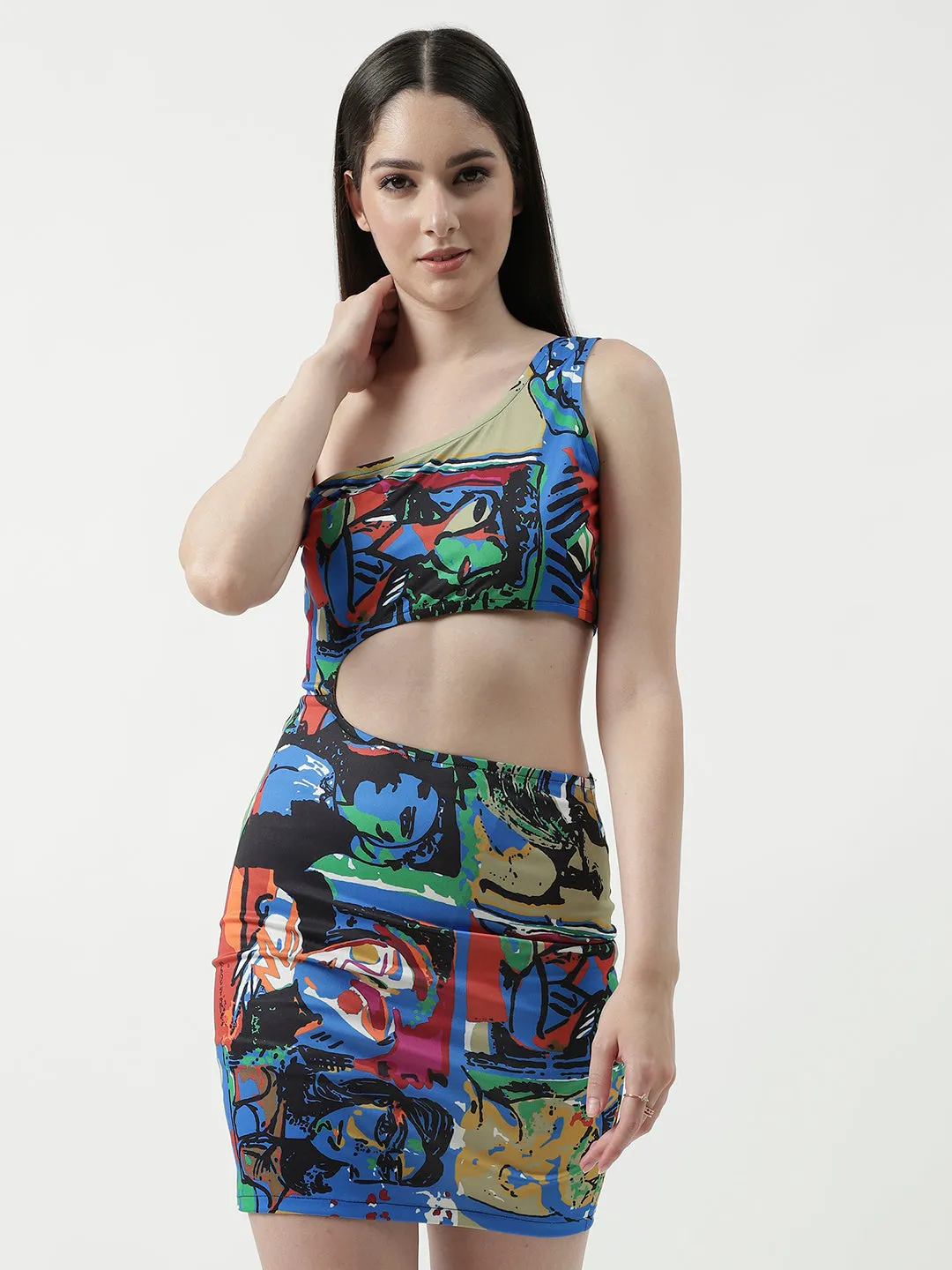 Picasso Inspired Digital Printed One-Shoulder Dress