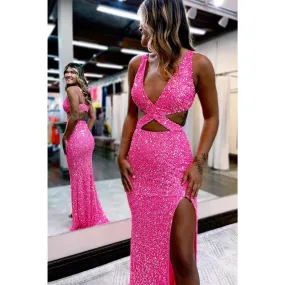 Plunging V-neck Sequins Sparkly Prom Dress with Slit