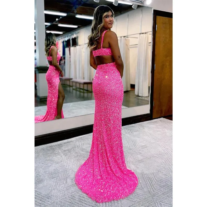 Plunging V-neck Sequins Sparkly Prom Dress with Slit